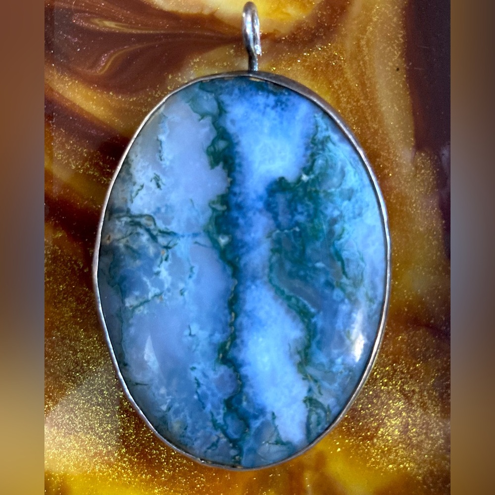 Vintage Sterling Silver Artisan Moss Agate Pendant